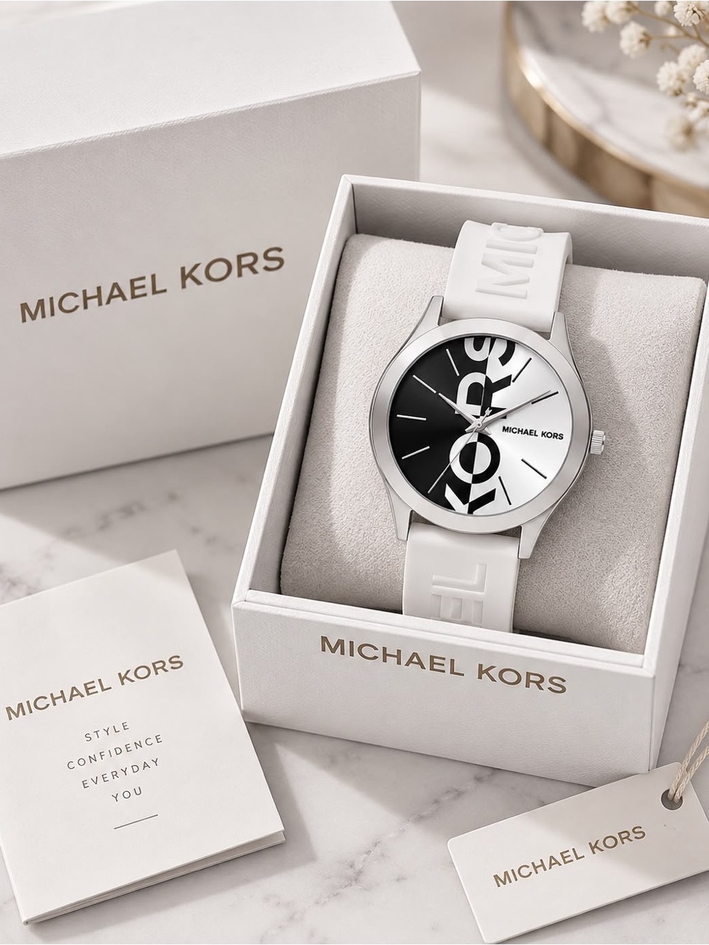 Michael Kors White Silicone Strap Watch with Black & White Logo Dial